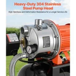 VEVOR 1.6 HP Shallow Well Pump with Pressure Tank, 120V 1320 GPH, Stainless Steel Irrigation Jet Pump with 5-Gal Pressure Tank, Automatic Water Booster System, for Home Garden Lawn, Potable Water