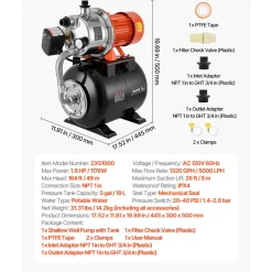 VEVOR 1.6 HP Shallow Well Pump with Pressure Tank, 120V 1320 GPH, Stainless Steel Irrigation Jet Pump with 5-Gal Pressure Tank, Automatic Water Booster System, for Home Garden Lawn, Potable Water