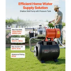 VEVOR 1.6 HP Shallow Well Pump with Pressure Tank, 120V 1320 GPH, Stainless Steel Irrigation Jet Pump with 5-Gal Pressure Tank, Automatic Water Booster System, for Home Garden Lawn, Potable Water