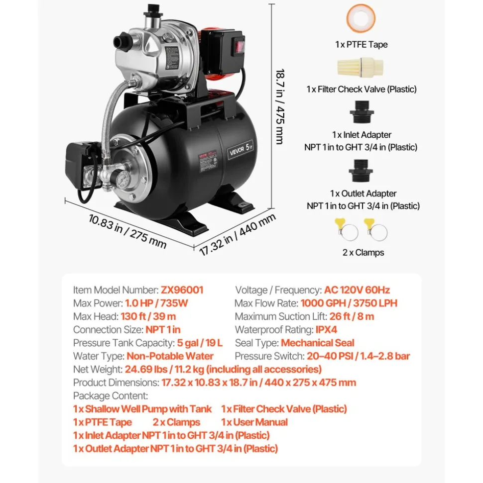 VEVOR 1 HP Shallow Well Pump with Pressure Tank, 120V 1000 GPH, Stainless Steel Irrigation Jet Pump with 5-Gal Tank, Automatic Water Booster System, 20/40 PSI Pressure Switch, for Home Garden Lawn