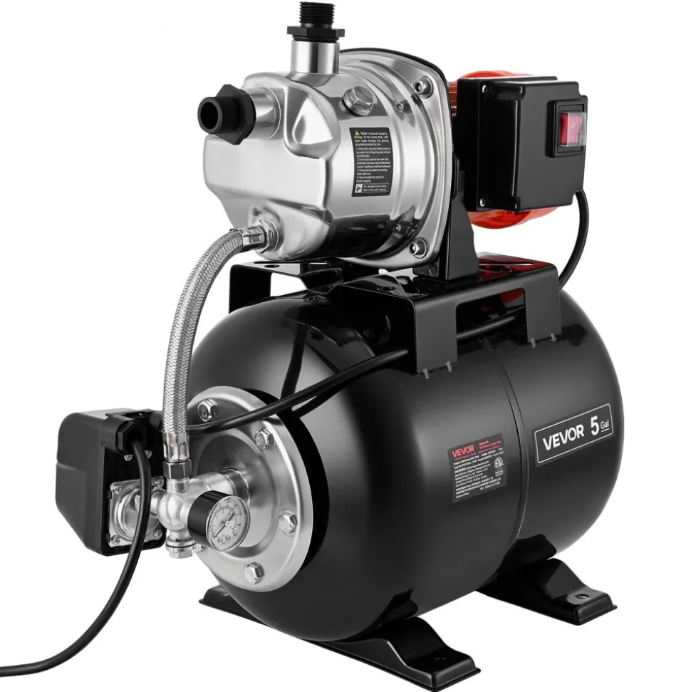 VEVOR 1 HP Shallow Well Pump with Pressure Tank, 120V 1000 GPH, Stainless Steel Irrigation Jet Pump with 5-Gal Tank, Automatic Water Booster System, 20/40 PSI Pressure Switch, for Home Garden Lawn