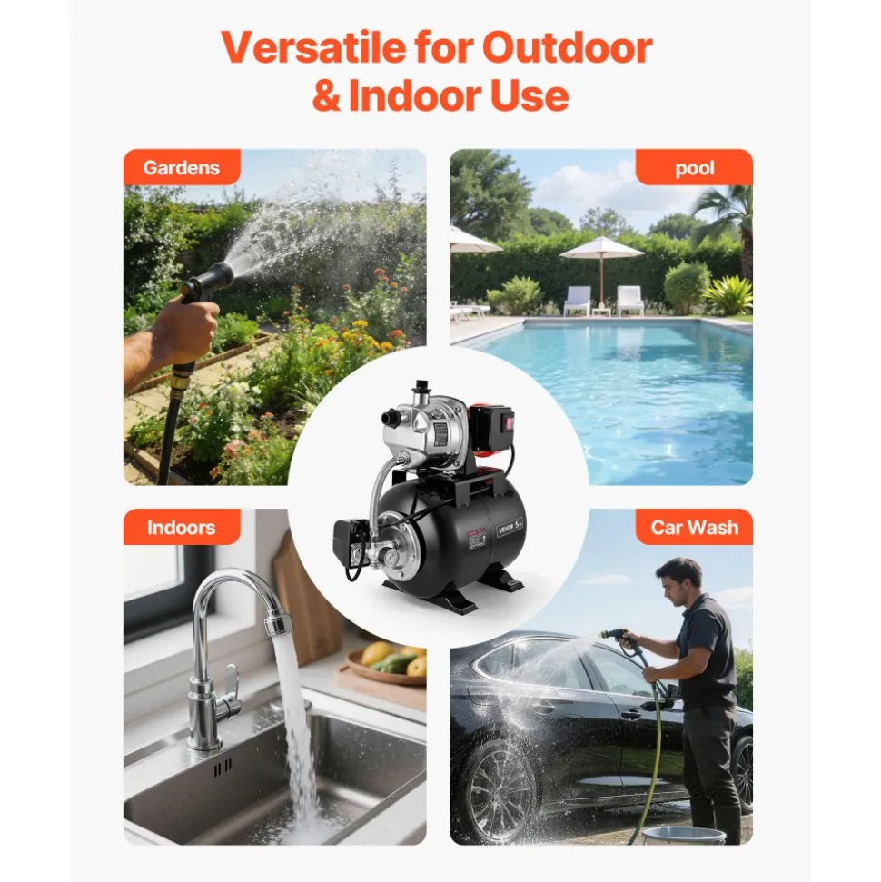 VEVOR 1 HP Shallow Well Pump with Pressure Tank, 120V 1000 GPH, Stainless Steel Irrigation Jet Pump with 5-Gal Tank, Automatic Water Booster System, 20/40 PSI Pressure Switch, for Home Garden Lawn