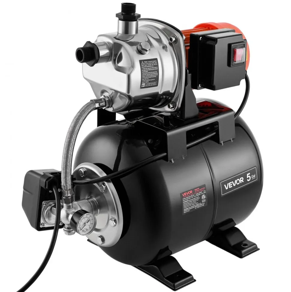 VEVOR 1 HP Shallow Well Pump with Pressure Tank, 120V 1000 GPH, Stainless Steel Irrigation Jet Pump with 5-Gal Tank, Automatic Water Booster System, 20/40 PSI Pressure Switch, for Home Garden Lawn