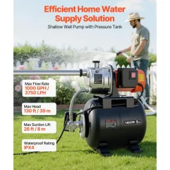 VEVOR 1 HP Shallow Well Pump with Pressure Tank, 120V 1000 GPH, Stainless Steel Irrigation Jet Pump with 5-Gal Tank, Automatic Water Booster System, 20/40 PSI Pressure Switch, for Home Garden Lawn
