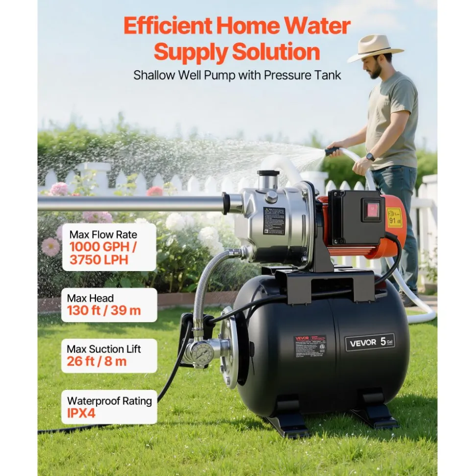 VEVOR 1 HP Shallow Well Pump with Pressure Tank, 120V 1000 GPH, Stainless Steel Irrigation Jet Pump with 5-Gal Tank, Automatic Water Booster System, 20/40 PSI Pressure Switch, for Home Garden Lawn
