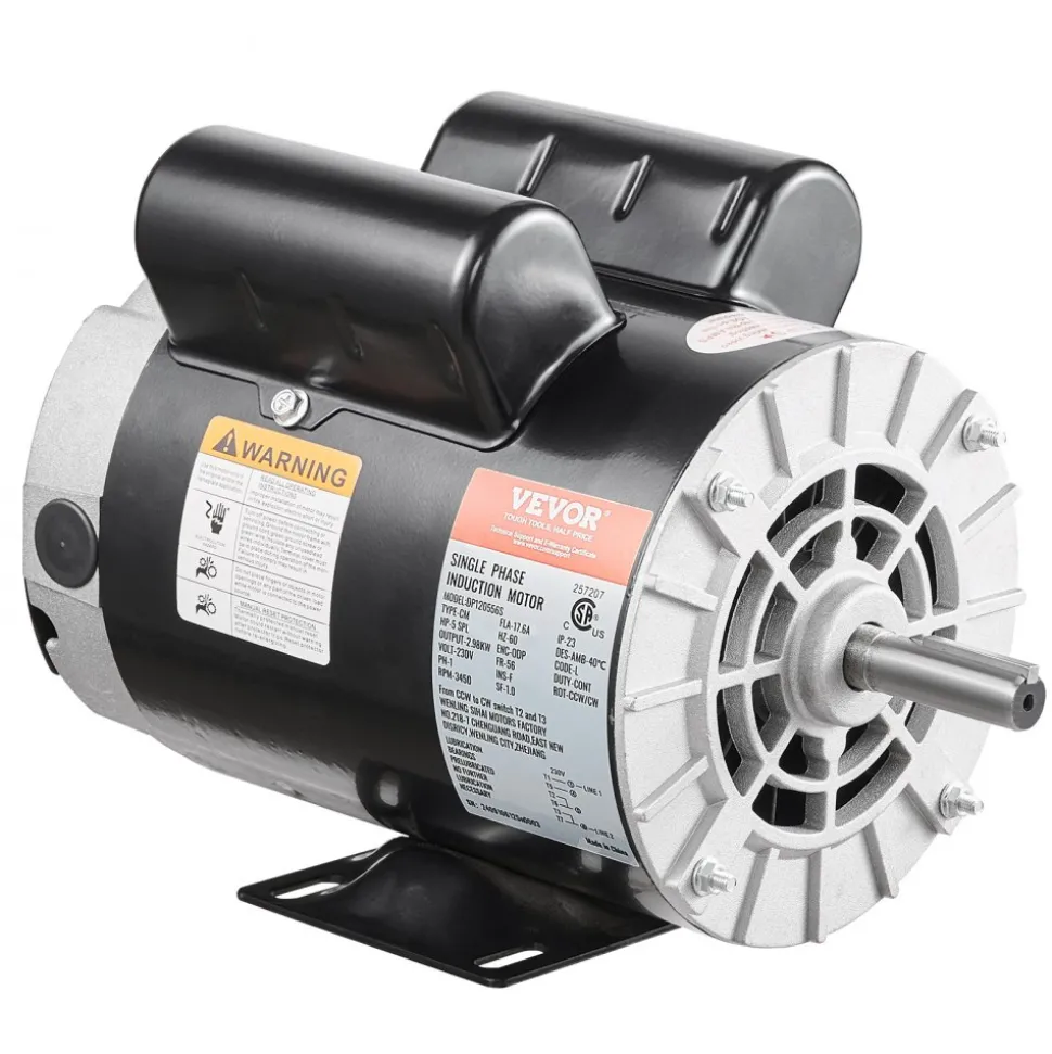 VEVOR 5HP SPL Air Compressor Electric Motor, 230V 17.6Amps, 56 Frame 3450RPM, 5/8" Keyed Shaft, 1.88" Shaft Length, CW/CCW Rotation (Factory Setting is CCW), Single Phase