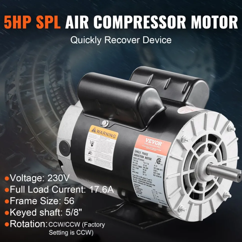 VEVOR 5HP SPL Air Compressor Electric Motor, 230V 17.6Amps, 56 Frame 3450RPM, 5/8" Keyed Shaft, 1.88" Shaft Length, CW/CCW Rotation (Factory Setting is CCW), Single Phase