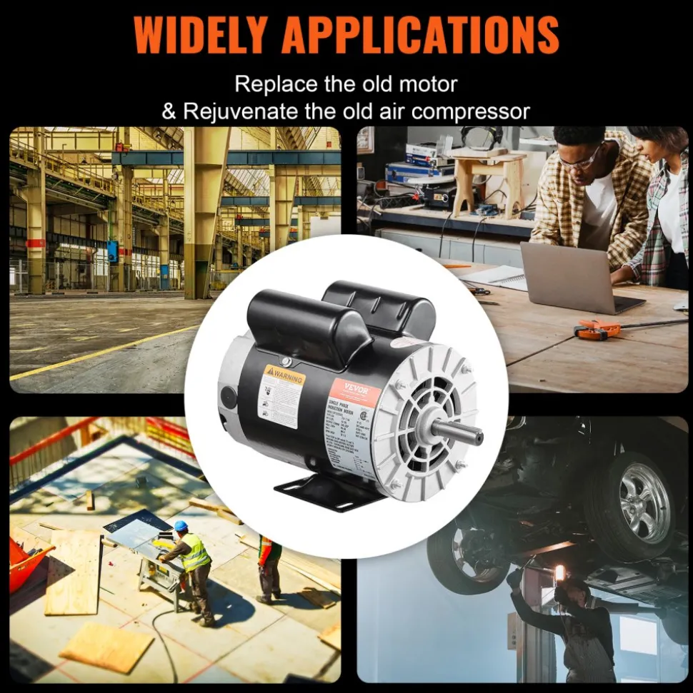 VEVOR 5HP SPL Air Compressor Electric Motor, 230V 17.6Amps, 56 Frame 3450RPM, 5/8" Keyed Shaft, 1.88" Shaft Length, CW/CCW Rotation (Factory Setting is CCW), Single Phase