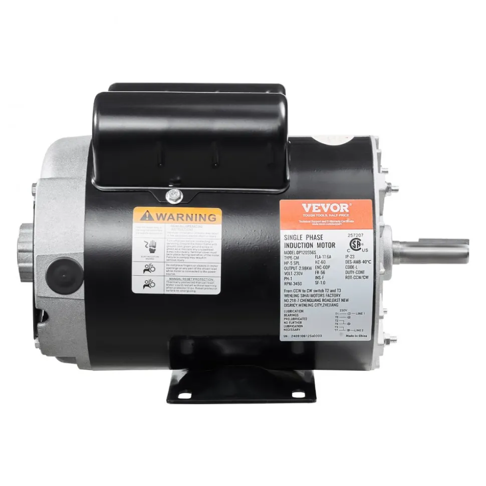 VEVOR 5HP SPL Air Compressor Electric Motor, 230V 17.6Amps, 56 Frame 3450RPM, 5/8" Keyed Shaft, 1.88" Shaft Length, CW/CCW Rotation (Factory Setting is CCW), Single Phase