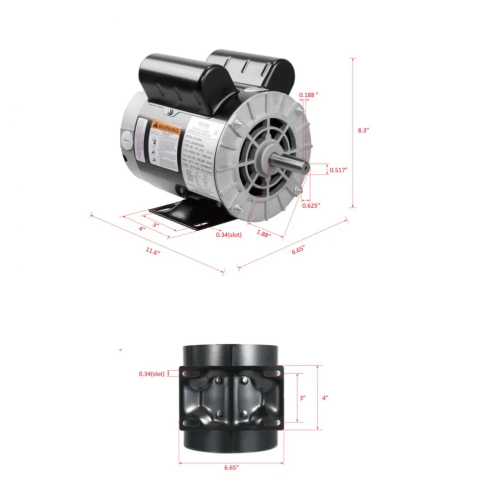 VEVOR 2HP SPL Air Compressor Electric Motor, 115/230V, 20/10 Amps, 56 Frame 3450RPM, 5/8" Keyed Shaft, 1.88" Shaft Length, Single Phase, CCW/CW (Factory Setting is CCW)
