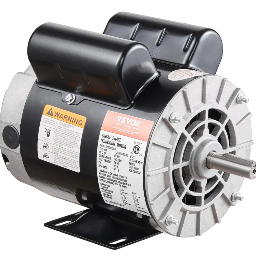 VEVOR 2HP SPL Air Compressor Electric Motor, 115/230V, 20/10 Amps, 56 Frame 3450RPM, 5/8" Keyed Shaft, 1.88" Shaft Length, Single Phase, CCW/CW (Factory Setting is CCW)