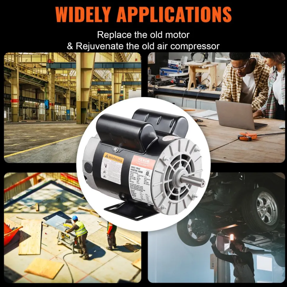 VEVOR 2HP SPL Air Compressor Electric Motor, 115/230V, 20/10 Amps, 56 Frame 3450RPM, 5/8" Keyed Shaft, 1.88" Shaft Length, Single Phase, CCW/CW (Factory Setting is CCW)