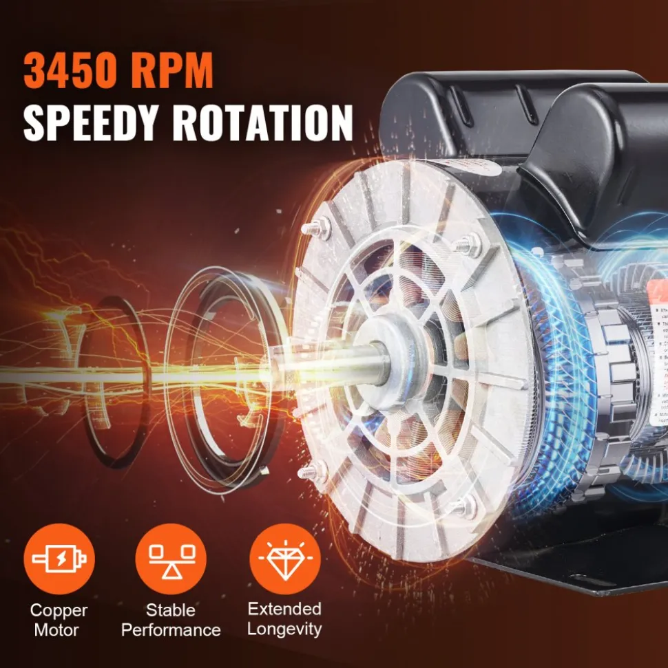 VEVOR 2HP SPL Air Compressor Electric Motor, 115/230V, 20/10 Amps, 56 Frame 3450RPM, 5/8" Keyed Shaft, 1.88" Shaft Length, Single Phase, CCW/CW (Factory Setting is CCW)