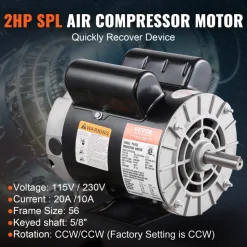 VEVOR 2HP SPL Air Compressor Electric Motor, 115/230V, 20/10 Amps, 56 Frame 3450RPM, 5/8