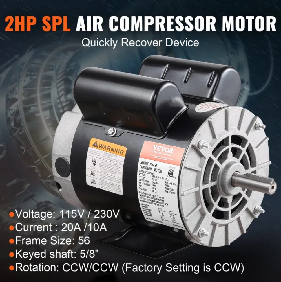 VEVOR 2HP SPL Air Compressor Electric Motor, 115/230V, 20/10 Amps, 56 Frame 3450RPM, 5/8" Keyed Shaft, 1.88" Shaft Length, Single Phase, CCW/CW (Factory Setting is CCW)
