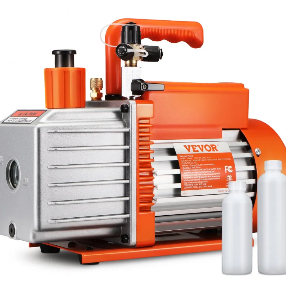 VEVOR 1/2 HP 2 Stage Rotary Vane Vacuum Pump, 5 CFM, 115V Air Conditioning Vacuum Pump, 1/4" SAE Male 3/8" SAE Male 1/2" ACME Male Inlet, for HVAC Repair, Refrigeration Maintenance, Resin Degassing
