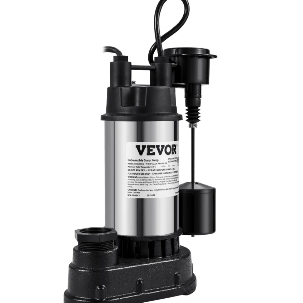 VEVOR 1.5 HP Submersible Cast Iron and Steel Sump Pump, 6000 GPH Submersible Water Pump with Integrated Vertical Float Switch, for Basement Water Basin and Flooding Area Tested to UL Standards