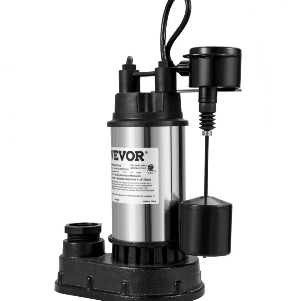 VEVOR 1.5 HP Submersible Cast Iron and Steel Sump Pump, 6000 GPH Submersible Water Pump with Integrated Vertical Float Switch, for Basement Water Basin and Flooding Area Tested to UL Standards