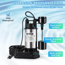 VEVOR 1.5 HP Submersible Cast Iron and Steel Sump Pump, 6000 GPH Submersible Water Pump with Integrated Vertical Float Switch, for Basement Water Basin and Flooding Area Tested to UL Standards