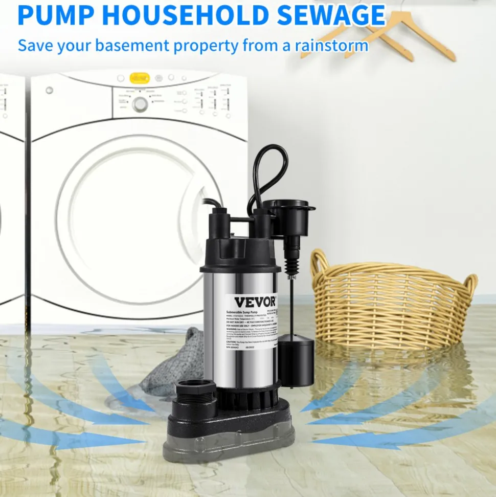 VEVOR 1.5 HP Submersible Cast Iron and Steel Sump Pump, 6000 GPH Submersible Water Pump with Integrated Vertical Float Switch, for Basement Water Basin and Flooding Area Tested to UL Standards