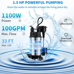 VEVOR 1.5 HP Submersible Cast Iron and Steel Sump Pump, 6000 GPH Submersible Water Pump with Integrated Vertical Float Switch, for Basement Water Basin and Flooding Area Tested to UL Standards