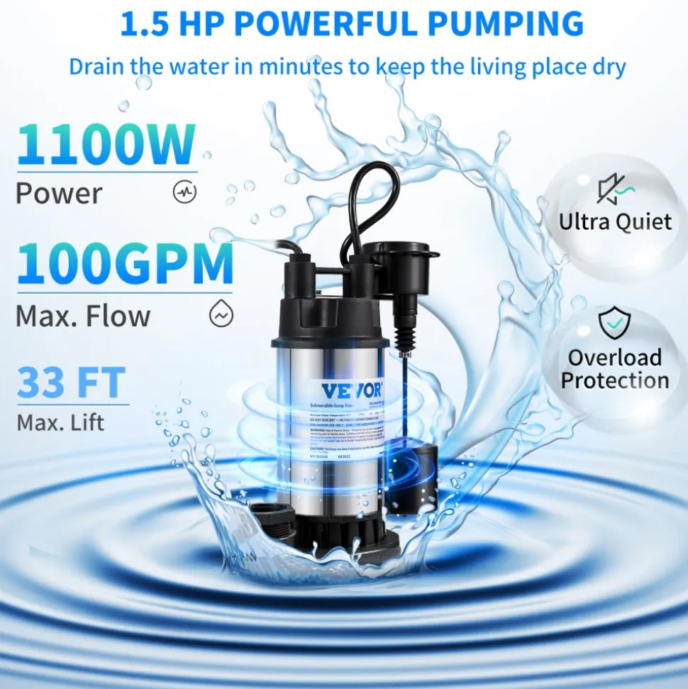 VEVOR 1.5 HP Submersible Cast Iron and Steel Sump Pump, 6000 GPH Submersible Water Pump with Integrated Vertical Float Switch, for Basement Water Basin and Flooding Area Tested to UL Standards