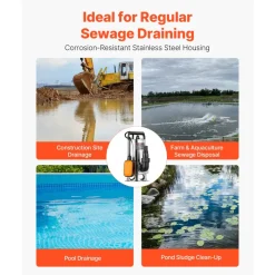 VEVOR 0.68 HP Submersible Sump Pump, 4000 GPH, Stainless Steel Submersible Sewage Dirty Clean Water Pump with Automatic Float Switch, Long Cord, 30 ft Max Lift, for Pools, Garden, Flooded Basement