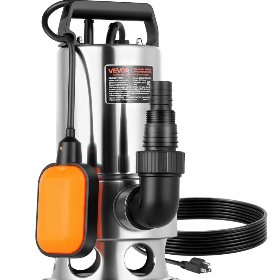 VEVOR 0.68 HP Submersible Sump Pump, 4000 GPH, Stainless Steel Submersible Sewage Dirty Clean Water Pump with Automatic Float Switch, Long Cord, 30 ft Max Lift, for Pools, Garden, Flooded Basement