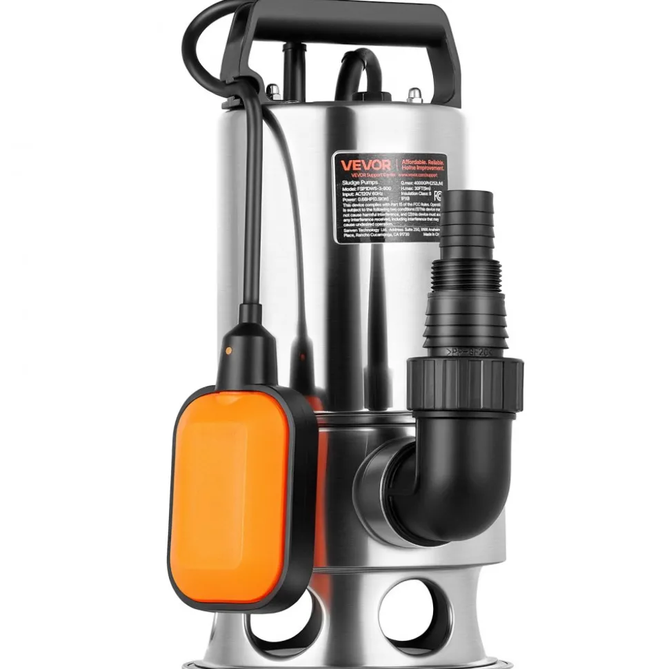 VEVOR 0.68 HP Submersible Sump Pump, 4000 GPH, Stainless Steel Submersible Sewage Dirty Clean Water Pump with Automatic Float Switch, Long Cord, 30 ft Max Lift, for Pools, Garden, Flooded Basement