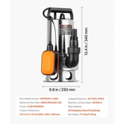 VEVOR 0.68 HP Submersible Sump Pump, 4000 GPH, Stainless Steel Submersible Sewage Dirty Clean Water Pump with Automatic Float Switch, Long Cord, 30 ft Max Lift, for Pools, Garden, Flooded Basement