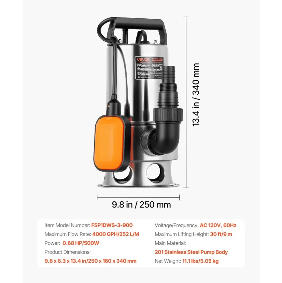 VEVOR 0.68 HP Submersible Sump Pump, 4000 GPH, Stainless Steel Submersible Sewage Dirty Clean Water Pump with Automatic Float Switch, Long Cord, 30 ft Max Lift, for Pools, Garden, Flooded Basement