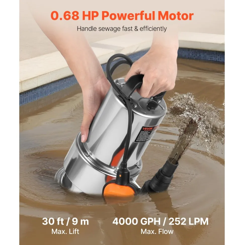 VEVOR 0.68 HP Submersible Sump Pump, 4000 GPH, Stainless Steel Submersible Sewage Dirty Clean Water Pump with Automatic Float Switch, Long Cord, 30 ft Max Lift, for Pools, Garden, Flooded Basement