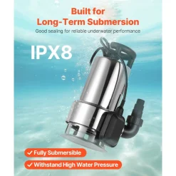 VEVOR 1 HP Submersible Sump Pump, 5500 GPH, Stainless Steel Submersible Sewage Dirty Clean Water Pump with Automatic Float Switch, Long Cord, 30 ft Max Lift, for Pools, Garden, Pond, Flooded Areas