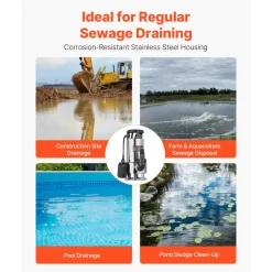 VEVOR 1 HP Submersible Sump Pump, 5500 GPH, Stainless Steel Submersible Sewage Dirty Clean Water Pump with Automatic Float Switch, Long Cord, 30 ft Max Lift, for Pools, Garden, Pond, Flooded Areas