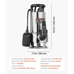 VEVOR 1 HP Submersible Sump Pump, 5500 GPH, Stainless Steel Submersible Sewage Dirty Clean Water Pump with Automatic Float Switch, Long Cord, 30 ft Max Lift, for Pools, Garden, Pond, Flooded Areas