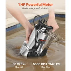 VEVOR 1 HP Submersible Sump Pump, 5500 GPH, Stainless Steel Submersible Sewage Dirty Clean Water Pump with Automatic Float Switch, Long Cord, 30 ft Max Lift, for Pools, Garden, Pond, Flooded Areas