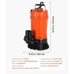 VEVOR 1/2 HP Submersible Trash Pump, 2000 GPH, 120V Cast Iron Submersible Sump Sewage Pump with 2 in Discharge, 39 ft Max Lift, Drain Dirty Clean Water, for Pools, Garden, Pond, Basement, Flooded Area