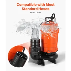 VEVOR 1 HP Submersible Trash Pump, 5000 GPH, 120V Cast Iron Submersible Sump Sewage Pump with 3 in Discharge, 40 ft Max Lift, Drain Dirty Clean Water, for Pools, Garden, Pond, Basement, Flooded Areas