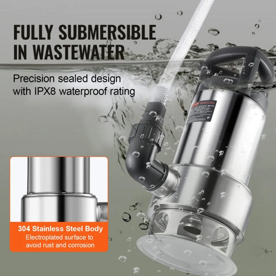 VEVOR 1HP Sump Pump, 4020GPH, 30FT Lift Stainless Steel Submersible Sludge Pump with 26FT Power Cord Automatic ON/OFF Float Switch, Drain Clean/Dirty Water for Basement Flood Pool Pond Garden Hot Tub