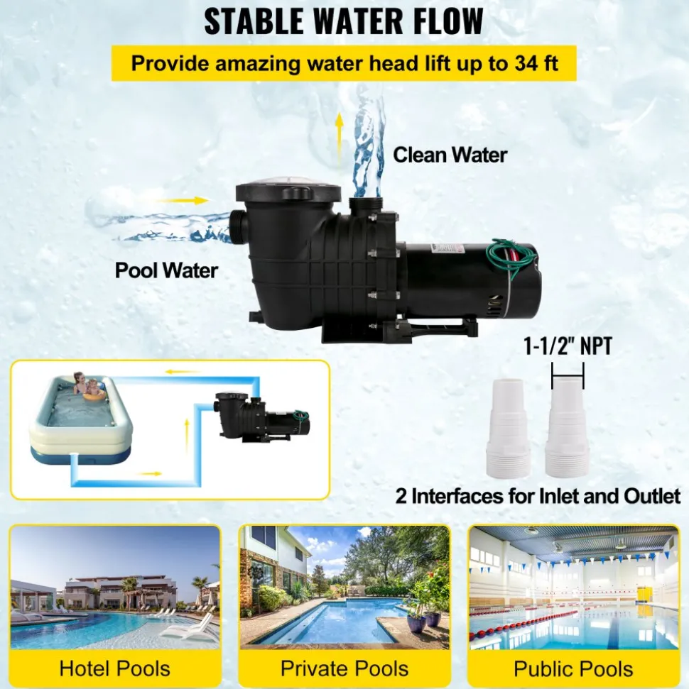 VEVOR 1HP Swimming Pool Pump, Dual Voltage 110V/220V, Circulates 5544GPH for Efficient Water Movement Above Pools, Includes Strainer Basket & Two 1-1/2'' NPT Connectors