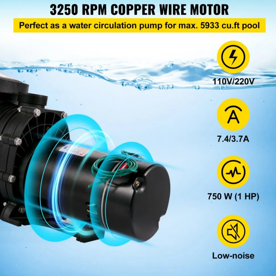 VEVOR 1HP Swimming Pool Pump, Dual Voltage 110V/220V, Circulates 5544GPH for Efficient Water Movement Above Pools, Includes Strainer Basket & Two 1-1/2'' NPT Connectors