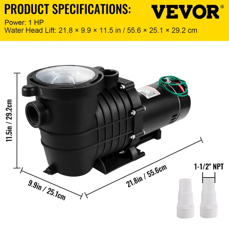 VEVOR 1HP Swimming Pool Pump, Dual Voltage 110V/220V, Circulates 5544GPH for Efficient Water Movement Above Pools, Includes Strainer Basket & Two 1-1/2'' NPT Connectors