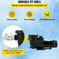 VEVOR 1HP Swimming Pool Pump, Dual Voltage 110V/220V, Circulates 5544GPH for Efficient Water Movement Above Pools, Includes Strainer Basket & Two 1-1/2'' NPT Connectors