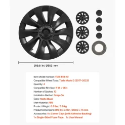 VEVOR Hubcaps Wheel Covers for 2017-2023 Tesla Model 3, 18 Inch Set of 4 Wheel Rim Cover Hubcaps OEM Style Replacement, R18 Size Snap On Car Hub Caps, Premium 10-Spoke ABS Tire Rim Caps, Matte Black