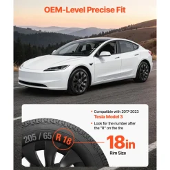 VEVOR Hubcaps Wheel Covers for 2017-2023 Tesla Model 3, 18 Inch Set of 4 Wheel Rim Cover Hubcaps OEM Style Replacement, R18 Size Snap On Car Hub Caps, Premium 10-Spoke ABS Tire Rim Caps, Matte Black