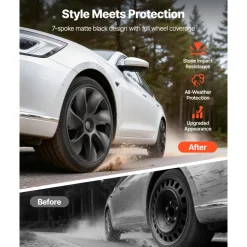 VEVOR Hubcaps Wheel Covers for 2021-2024 Tesla Model Y, 19 Inch Set of 4 Wheel Rim Cover Hubcaps OEM Style Replacement, R19 Size Snap On Car Hub Caps, Premium 7-Spoke ABS Tire Rim Caps, Matte Black