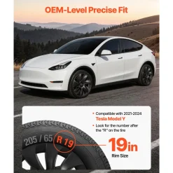 VEVOR Hubcaps Wheel Covers for 2021-2024 Tesla Model Y, 19 Inch Set of 4 Wheel Rim Cover Hubcaps OEM Style Replacement, R19 Size Snap On Car Hub Caps, Premium 7-Spoke ABS Tire Rim Caps, Matte Black