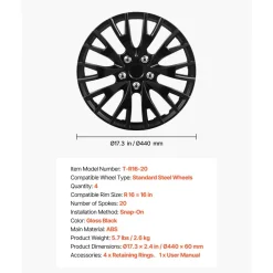VEVOR Hubcaps Wheel Covers, 16 Inch Set of 4 Wheel Rim Cover Hubcaps OEM Replacement, R16 Size Snap On Car Hub Caps, Universal 20-Spoke ABS Tire Rim Caps for Hyundai Chevrolet Ford Honda, Gloss Black