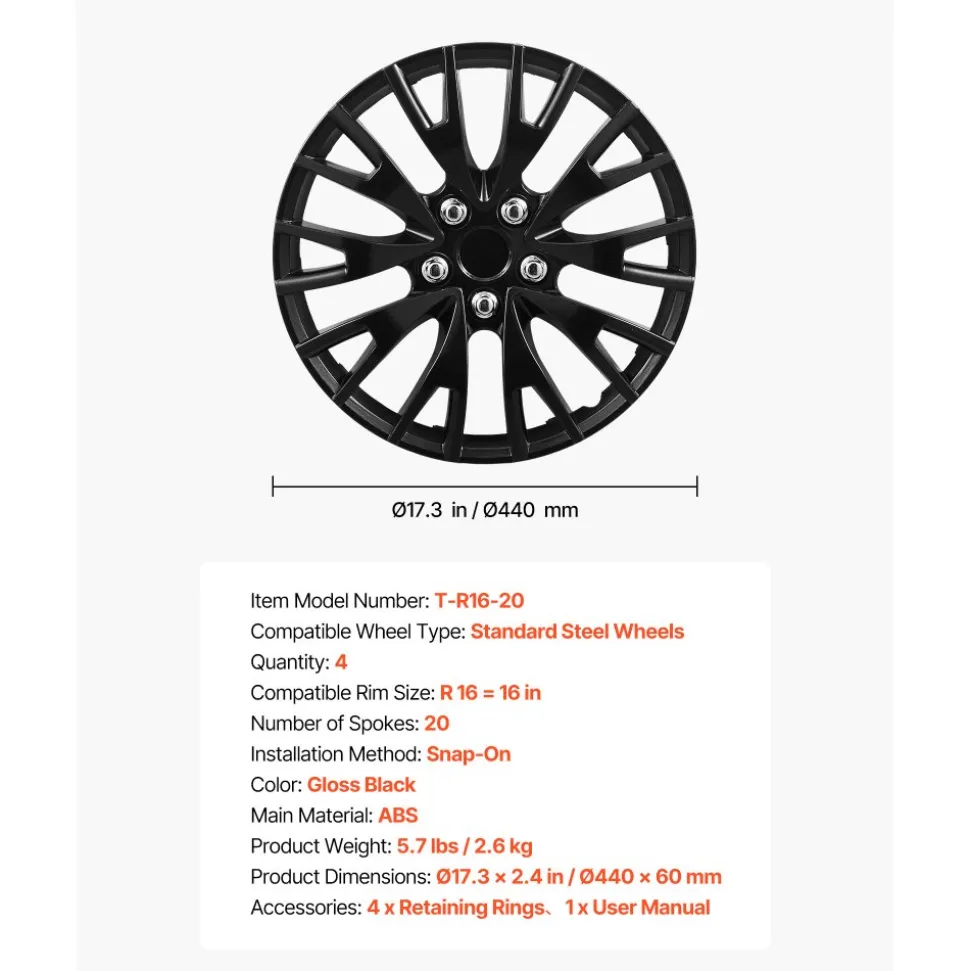 VEVOR Hubcaps Wheel Covers, 16 Inch Set of 4 Wheel Rim Cover Hubcaps OEM Replacement, R16 Size Snap On Car Hub Caps, Universal 20-Spoke ABS Tire Rim Caps for Hyundai Chevrolet Ford Honda, Gloss Black