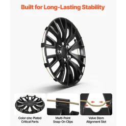 VEVOR Hubcaps Wheel Covers, 16 Inch Set of 4 Wheel Rim Cover Hubcaps OEM Replacement, R16 Size Snap On Car Hub Caps, Universal 20-Spoke ABS Tire Rim Caps for Hyundai Chevrolet Ford Honda, Gloss Black